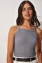 Woman's Gray Ribbed Crop Halter Collar Knitted Singlet ZV00106 - 3