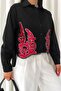 Women's Black Sequin Embroidered Crop Short Shirt - 6