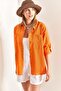 Women's Orange Double Pocket Oversize Linen Shirt 40861002 - 3