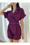 Women's Plum, Women's Woven Crepe Fabric Belted Shorts Jumpsuit