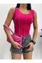 Women's Fuchsia Green Reverse Stitch 2-Piece Corded Fabric Crop Blouse - 2