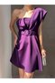 Purple Flexible Scuba Fabric Belted Pleat Detailed One-Shoulder Evening Dress and Graduation Dress 582093 691