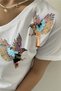 Women's White V-Neck Shoulder Bird Sequin Embroidery 100% Cotton T-Shirt - 3
