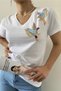 Women's White V-Neck Shoulder Bird Sequin Embroidery 100% Cotton T-Shirt - 6