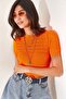 Women's Orange Openwork Ribbed Knitwear Blouse BLZ-19002270 - 3