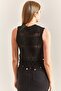 Women's Openwork Fringes Stone Embroidered Patterned Knitwear Blouse - 3