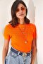 Women's Orange Openwork Ribbed Knitwear Blouse BLZ-19002270 - 5