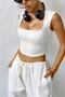 Kadın Beyaz Kare Yaka Kalınlaşan Omuz Detaylı Crop Top Bluz - 5