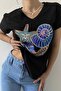 Women's Black Plus Size V-neck Sequin Sequin Embroidered 100% Cotton Plus Size T-Shirt - 4