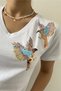 Women's White V-Neck Shoulder Bird Sequin Embroidery 100% Cotton T-Shirt - 5
