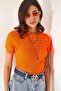 Women's Orange Openwork Ribbed Knitwear Blouse BLZ-19002270