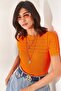 Women's Orange Openwork Ribbed Knitwear Blouse BLZ-19002270 - 2