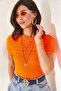 Women's Orange Openwork Ribbed Knitwear Blouse BLZ-19002270 - 4