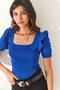 Women's Cobalt Blue Sleeve Ruffled Heart Beaded Crop Blouse BLZ-19002269