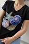 Women's Black Plus Size V-neck Sequin Sequin Embroidered 100% Cotton Plus Size T-Shirt - 5