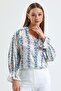 Women's Blue V-Neck Ornamental Buttoned Flounce Sleeve Floral Patterned Summer Satin Blouse