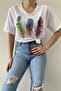 Women's White V-Neck Feather Pattern Sequin Embroidered 100% Cotton T-Shirt - 3