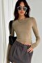 Women's Beige Crew Neck Stretchy Fabric Basic Long Sleeve Blouse