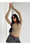 Women's Beige Crew Neck Stretchy Fabric Basic Long Sleeve Blouse - 2