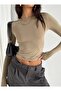 Women's Beige Crew Neck Stretchy Fabric Basic Long Sleeve Blouse - 3
