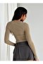Women's Beige Crew Neck Stretchy Fabric Basic Long Sleeve Blouse - 5