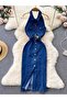 Women's Blue Back Low-cut Collar Belted Jeans Graduation Wedding Wedding Dress