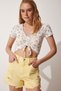 Women's White Floral Gathered Crop Knitted Blouse UB00086 - 2