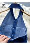 Women's Blue Back Low-cut Collar Belted Jeans Graduation Wedding Wedding Dress - 2