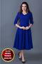 Women's Flexible Atlas Fabric Pocket Detailed V-Neck 3/4 Sleeve Cobalt Blue Midi Dress 257