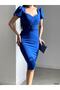 Women's Blue Blue Double Breasted U Neck Short Balloon Sleeve With Belt Crepe Fabric Midi Length Graduation Wedding Robe - 4