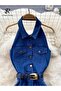 Women's Back Low-cut Collar Belted Denim Dress - 6