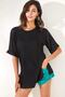Women's Black Textured Double Sleeve T-Shirt with Side Slits TSH-19000756 - 3