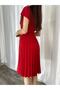 Women's Red Crepe Fabric Dress with Pleated Skirt and Belted Waist - 4