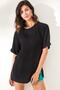 Women's Black Textured Double Sleeve T-Shirt with Side Slits TSH-19000756 - 4