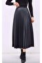 Women's Black Leather Look Pleated Long Skirt - 8