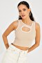 Women's Camel Window Piped Crop Blouse KZ2446 - 3