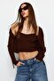 Kahverengi Crop Bağlama Detaylı Bluz-Hırka Triko Takım TWOSS21HI0002