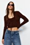 Kahverengi Crop Bağlama Detaylı Bluz-Hırka Triko Takım TWOSS21HI0002 - 3