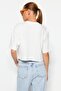 Ekru Relaxed/Rahat Kalıp %100 Kalın Pamuklu Crop Örme T-Shirt TWOSS23TS00038 - 6
