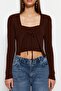 Kahverengi Crop Bağlama Detaylı Bluz-Hırka Triko Takım TWOSS21HI0002 - 4