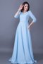 Women's Flexible Atlas Fabric V-Neck 3/4 Sleeve Design Maxi Length Baby Blue Evening Dress 257 - 2