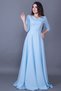 Women's Flexible Atlas Fabric V-Neck 3/4 Sleeve Design Maxi Length Baby Blue Evening Dress 257 - 8