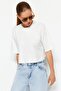 Ekru Relaxed/Rahat Kalıp %100 Kalın Pamuklu Crop Örme T-Shirt TWOSS23TS00038 - 3