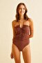 Halter Neck Gathered Brown Swimsuit - 3