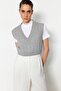 Gri Crop V Yaka Triko Süveter TWOAW22BZ0049 - 3