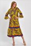 Women's Yellow Patterned Button Detailed Spanish Sleeve Ethnic Authentic Dress