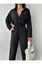 Women's Beige Double Linen Shirt Short Leg Trousers Top Bottom Set Black - 4