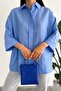 Women's Light Blue Hidden Button Comfortable Bat Sleeve Loose Oversize Shirt 50% Cotton 50% Viscose - 3