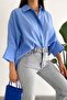 Women's Light Blue Hidden Button Comfortable Bat Sleeve Loose Oversize Shirt 50% Cotton 50% Viscose - 4