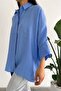 Women's Light Blue Hidden Button Comfortable Bat Sleeve Loose Oversize Shirt 50% Cotton 50% Viscose - 5